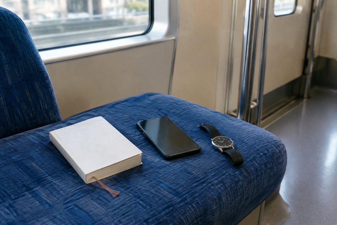電車の座席に置かれた、しおりを挟んだ文庫本と画面の消えたスマートフォン