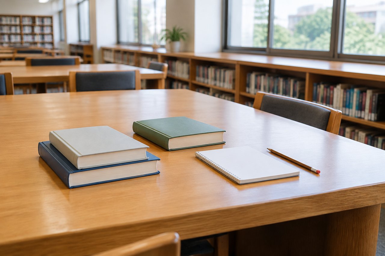 図書館の閲覧席に置かれた数冊の本と、白紙のメモ帳と鉛筆